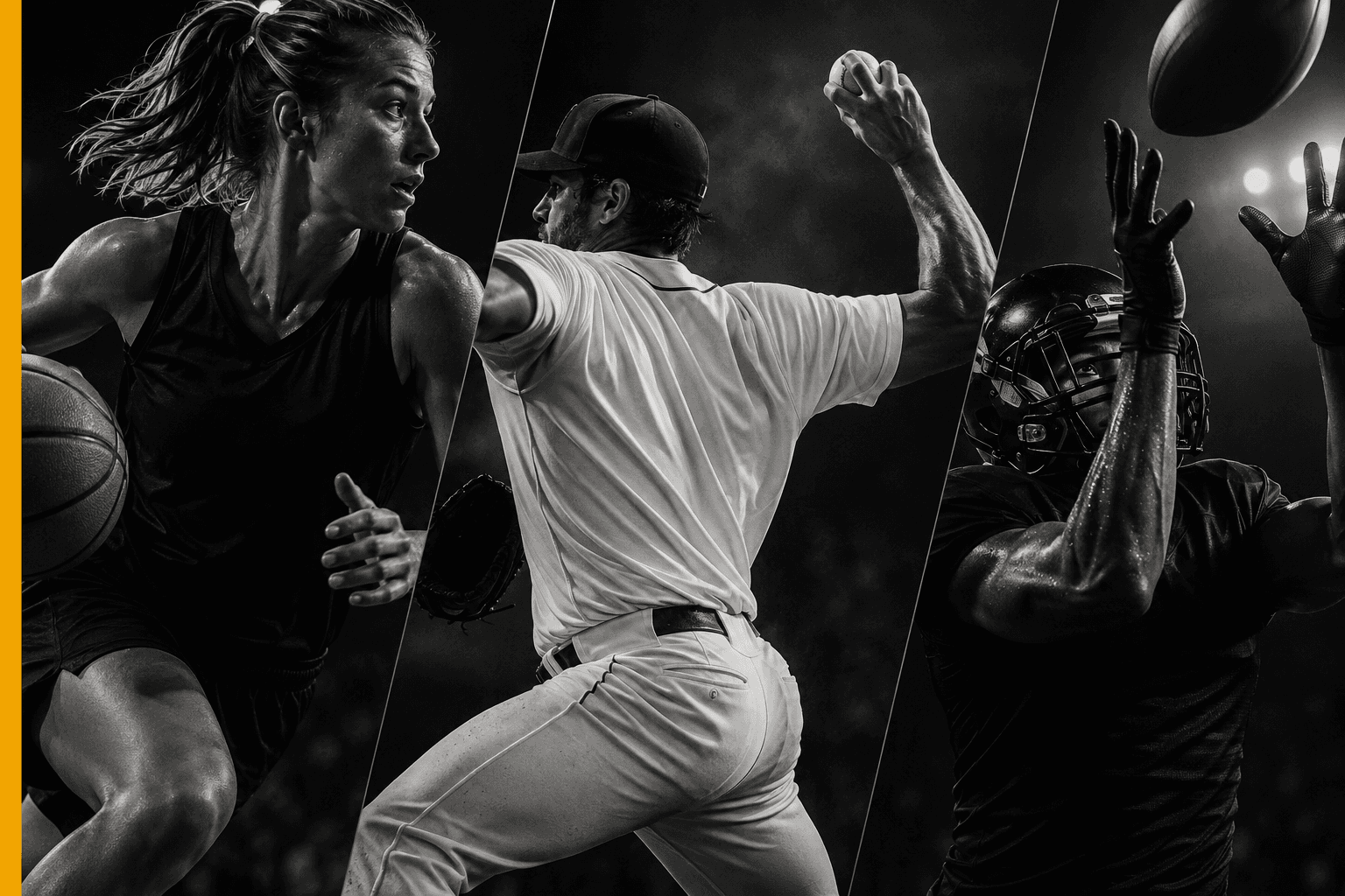 Basketball, baseball, and football athletes in motion. Original editorial artwork.