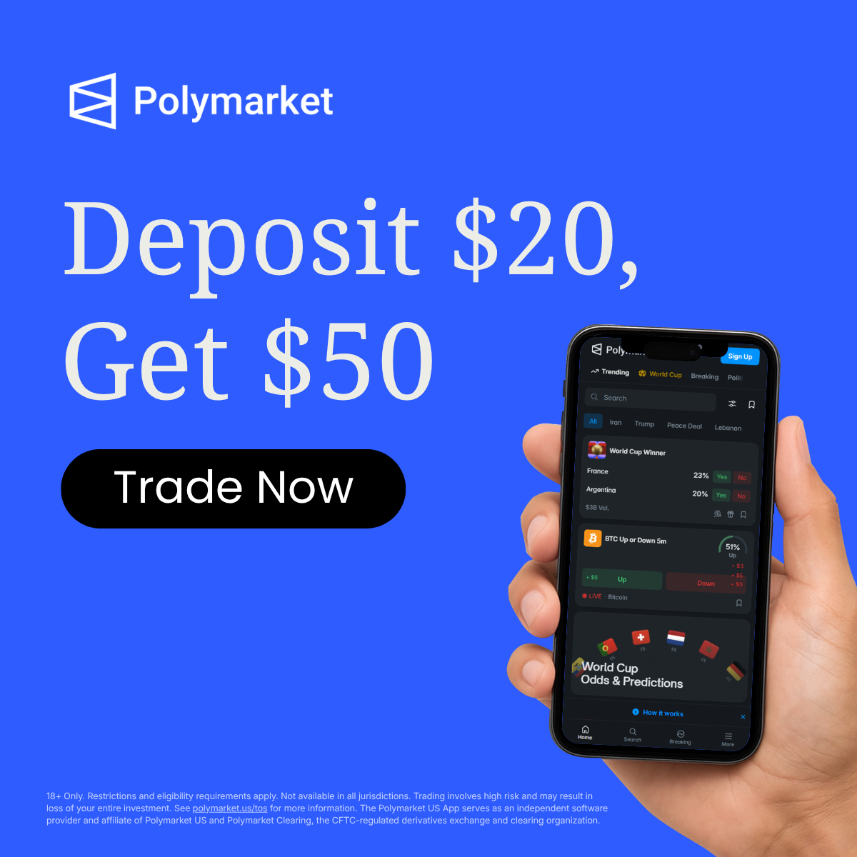 Polymarket promotion: deposit $20 and get a $50 trading bonus