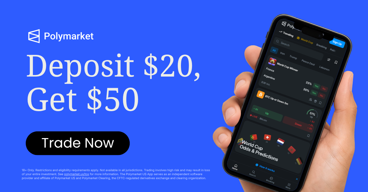 Polymarket promotion: deposit $20 and get a $50 trading bonus